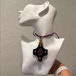 Stunning AP Kenya Ashley Pittman Brass Black Horn & Amethyst Drusy Cross Pendant